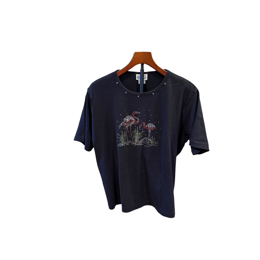 Las Olas Women 2X Navy Blue Flamingo Rhinestone Embellished T-Shirt Short Sleeve